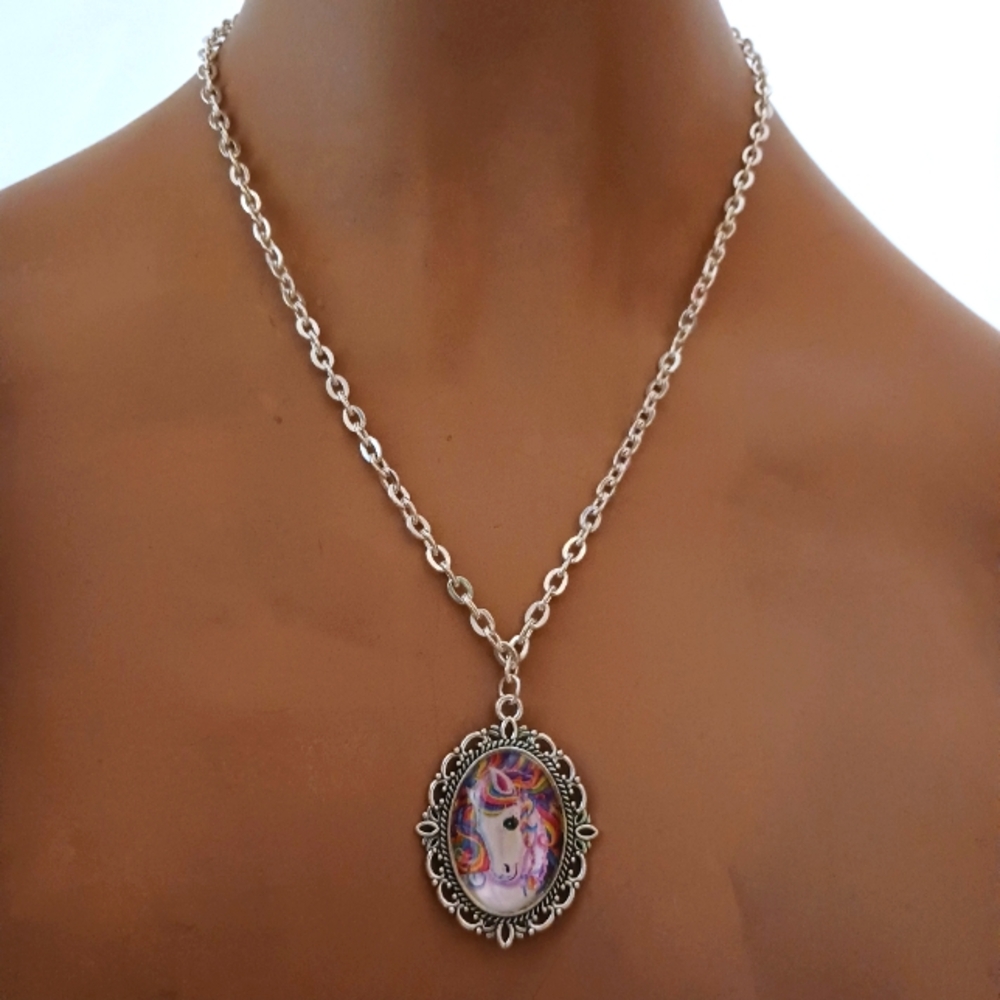 Lisa Frank Rainbow Horse Pendant in Silver Frame.